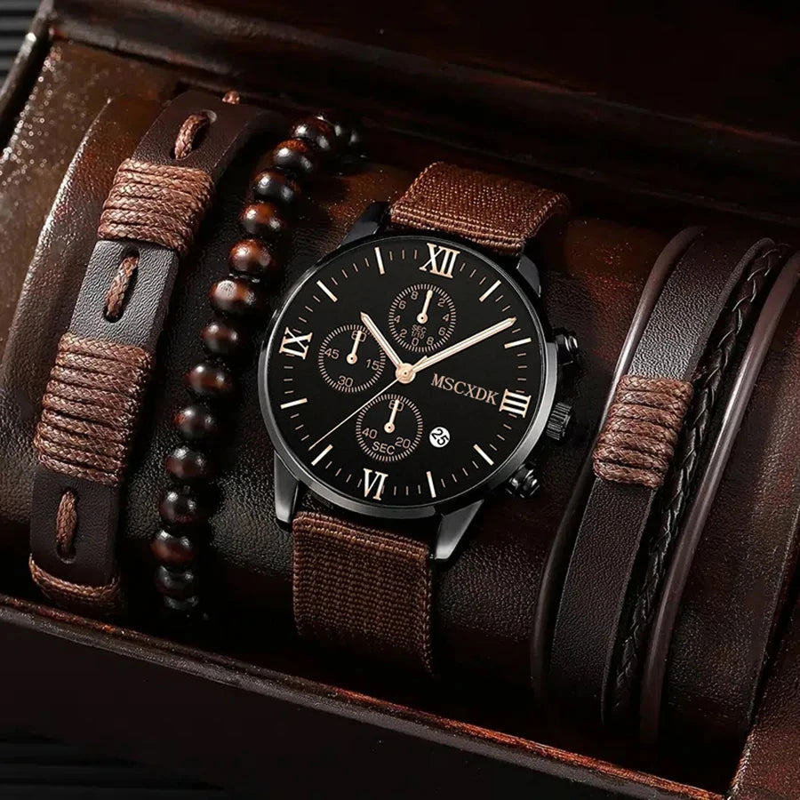 reloj de cuarzo .conjunto de reloj de pulsera para hombres moda de negocios Casual puntero redondo calendario accesorios de reloj. 4 piezas en el pack